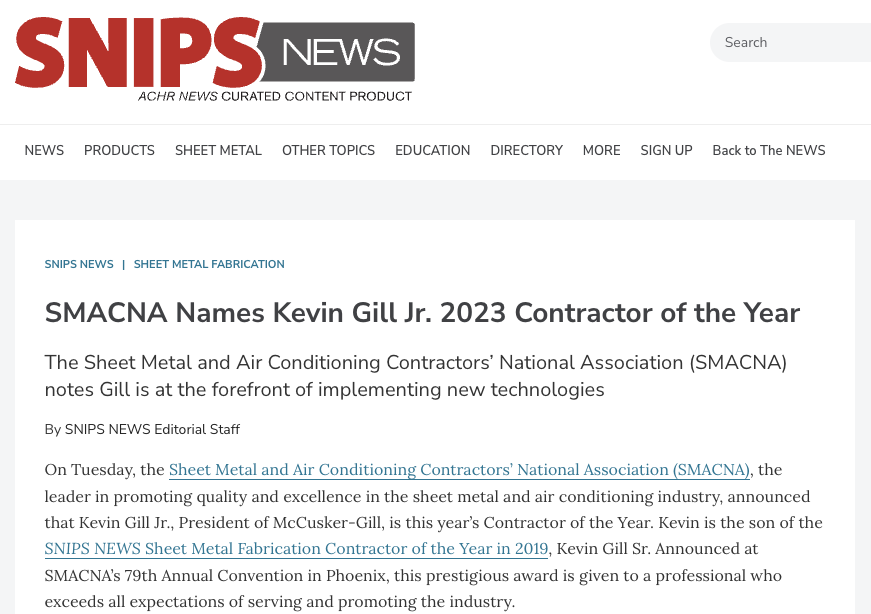 cover image for news article SMACNA Names Kevin Gill Jr. 2023 Contractor of the Year